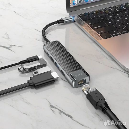Разветвитель Type-C HUB Хаб hoco HB23 серый металл