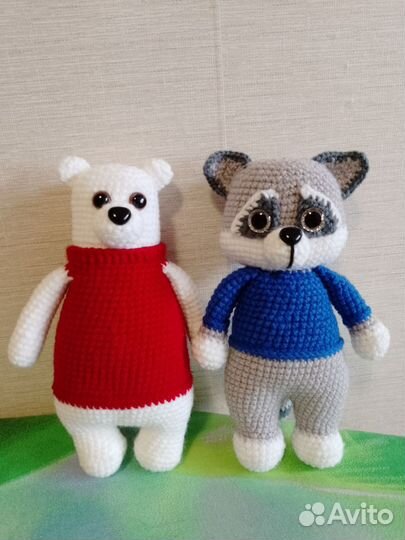 Вязаный заяц, мишка, енот ручной работы, 20 см