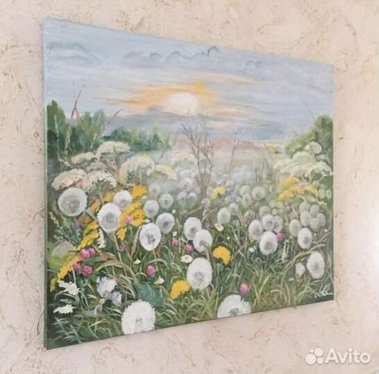 Картина туманное утро с одуванчиками