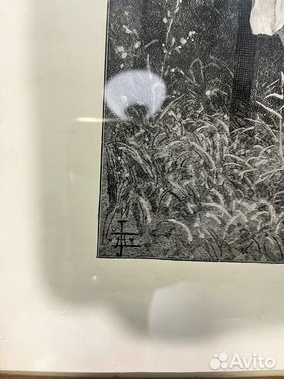 Гравюра мопс собака девочка антиквариат