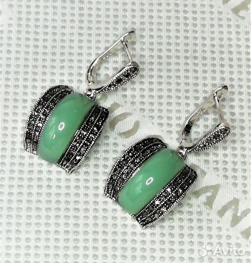 Серьги серебро нефрит, марказит С514