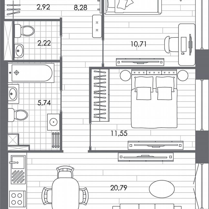 2-к. квартира, 62,2 м², 6/8 эт.