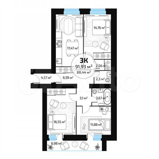 3-к. квартира, 88,4 м², 9/16 эт.