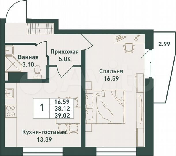 1-к. квартира, 39 м², 6/16 эт.