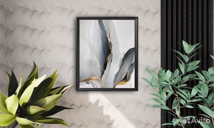 2 серые картины с золотом для интерьера чернилами