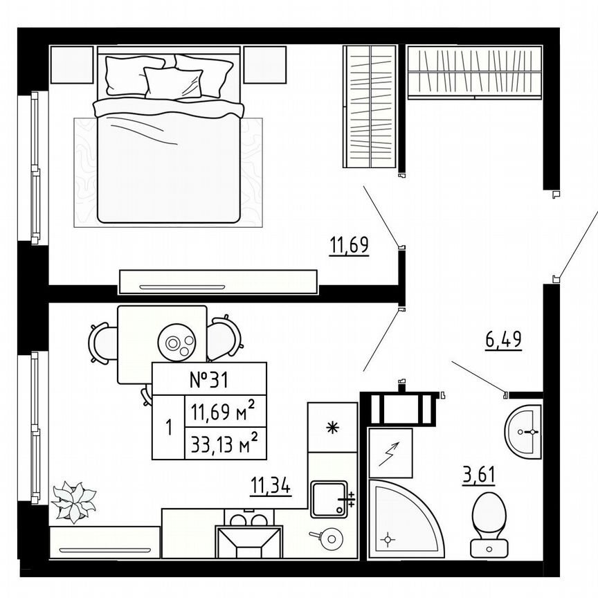 1-к. квартира, 33,1 м², 4/4 эт.