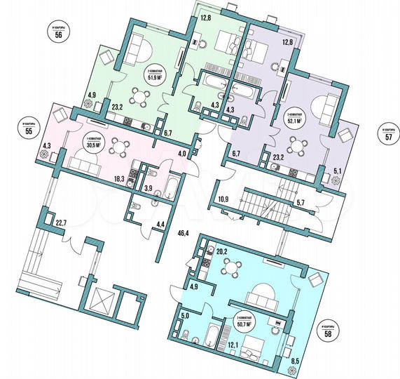 2-к. квартира, 56,7 м², 1/5 эт.