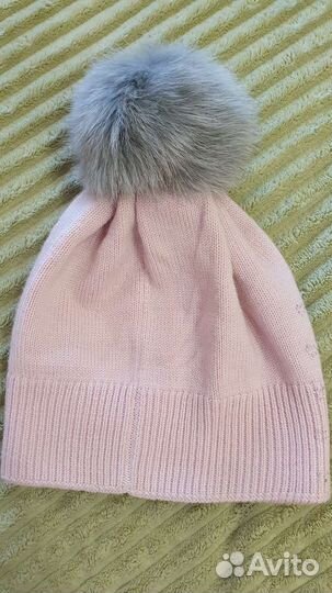 Шапка вязаная с помпоном из меха на девочку,55см