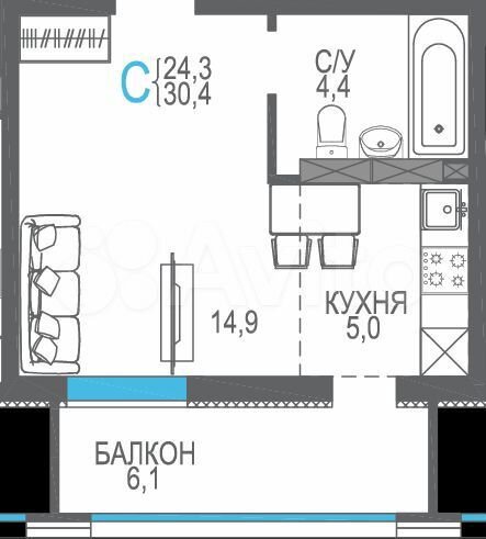 1-к. квартира, 30,4 м², 8/9 эт.