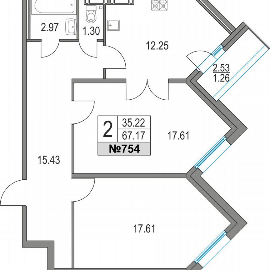 2-к. квартира, 67,2 м², 13/25 эт.