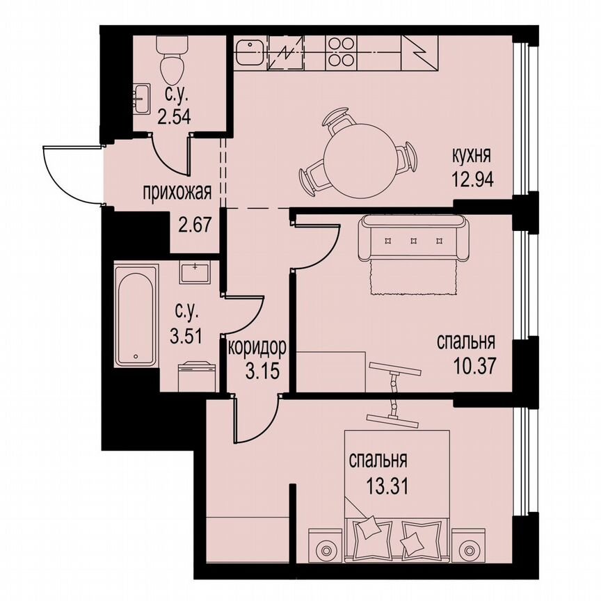 2-к. квартира, 48,5 м², 2/12 эт.