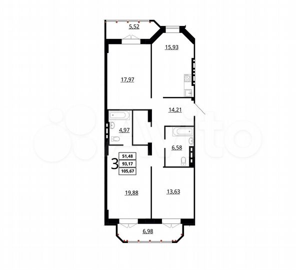 3-к. квартира, 105 м², 5/7 эт.