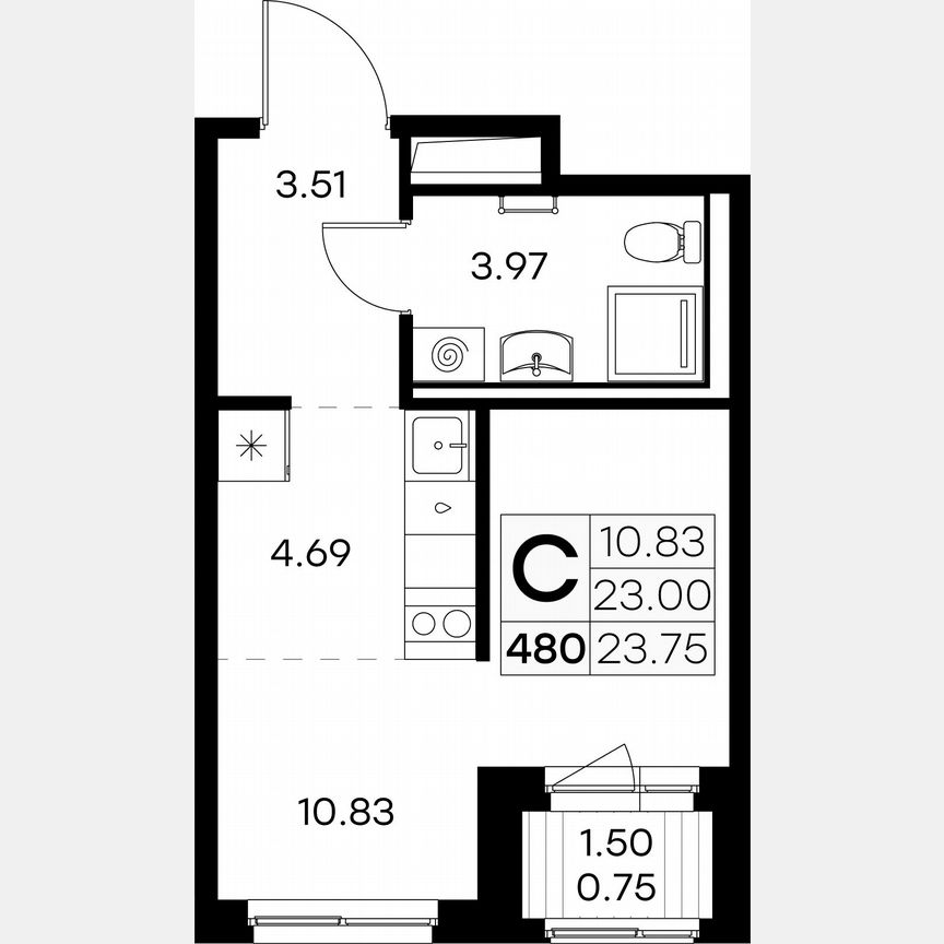 Квартира-студия, 23,8 м², 6/9 эт.