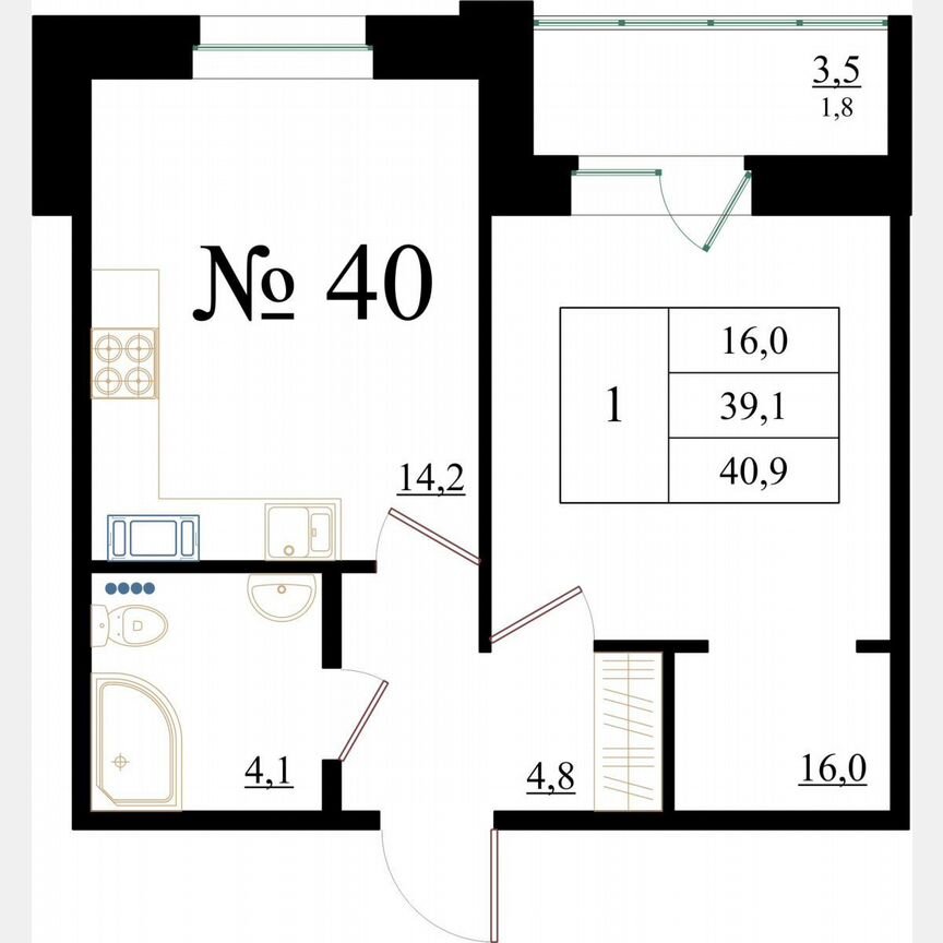 1-к. квартира, 40,9 м², 6/8 эт.
