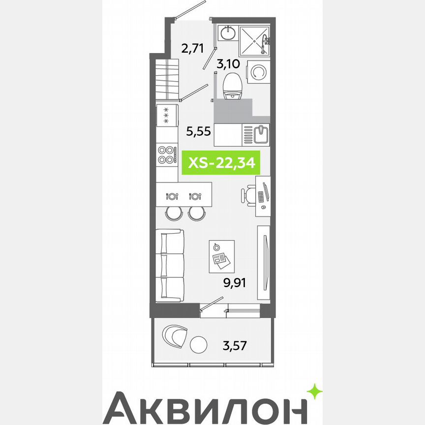 Квартира-студия, 22,3 м², 4/12 эт.