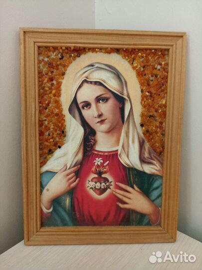 Икона Дева Мария с янтарной крошкой