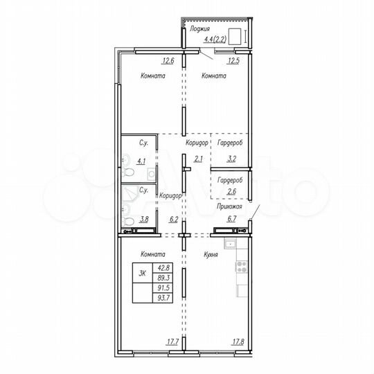 3-к. квартира, 93,7 м², 7/16 эт.