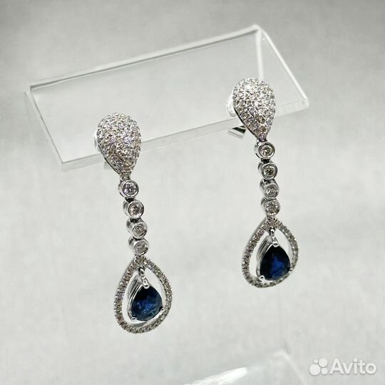 Золотые серьги подвески 585 бриллианты и сапфиры