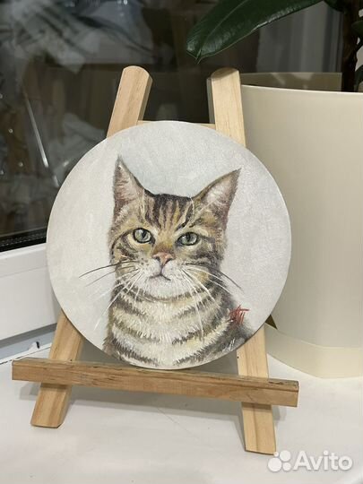 Картина маслом на холсте круглая Кошка 18 см