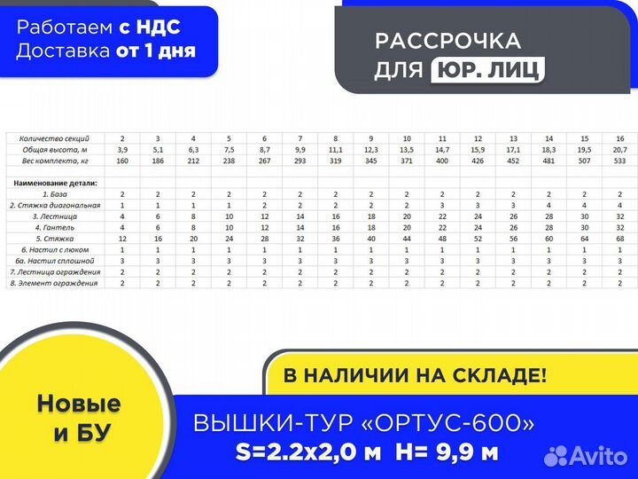 Вышки-тур Ортус-600, S2х2 м, h9,9 м (НДС)