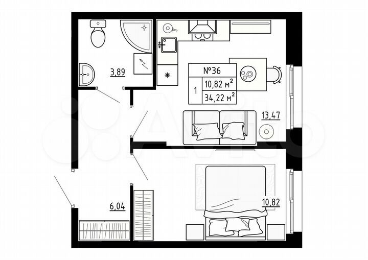 1-к. квартира, 34,2 м², 1/4 эт.