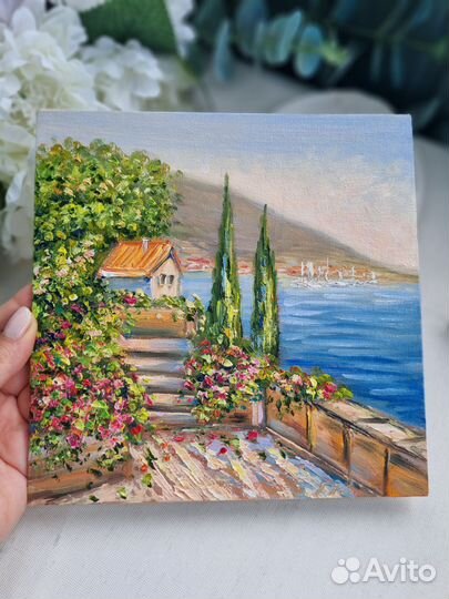 Картина маслом Крым пейзаж морской берег 20х20 см