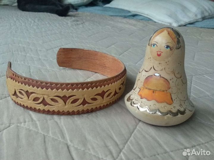 Ободок из бересты и фигурка неваляшка колокольчик
