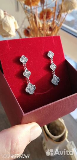 Серьги серебряные, стиль Van Cleef, клевер