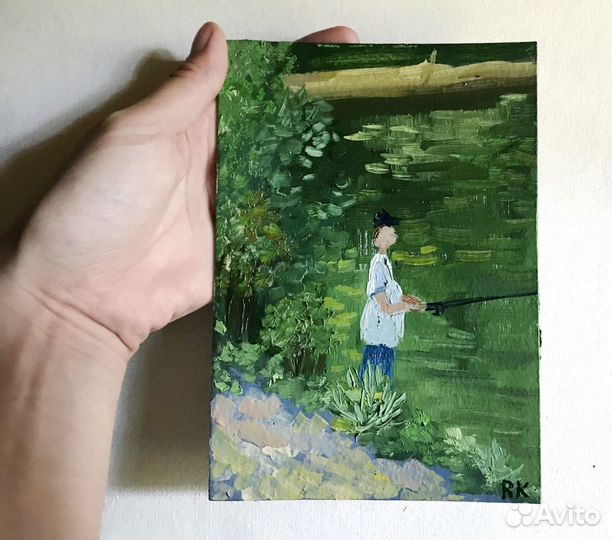 Миниатюрные картины маслом, пейзаж, лодки