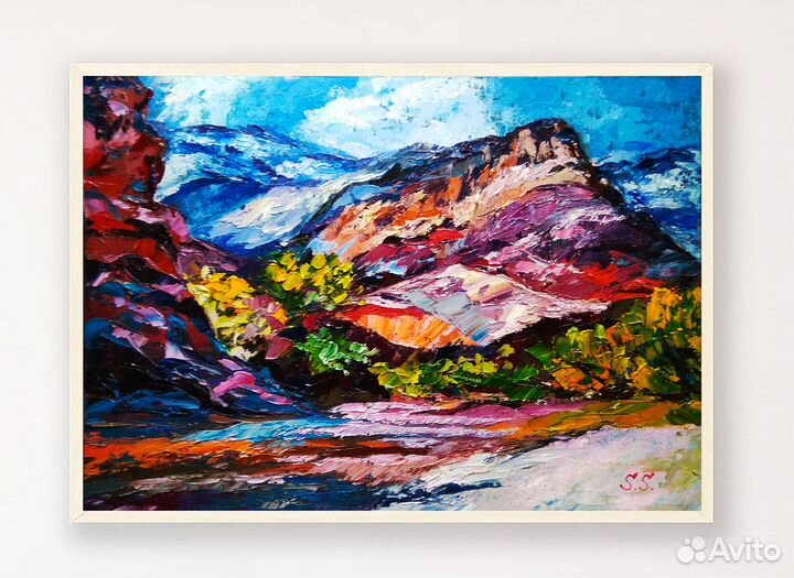 Картина маслом Крым на холсте горный пейзаж озеро