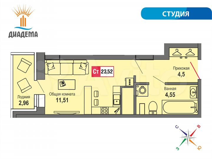 Квартира-студия, 23,5 м², 6/22 эт.
