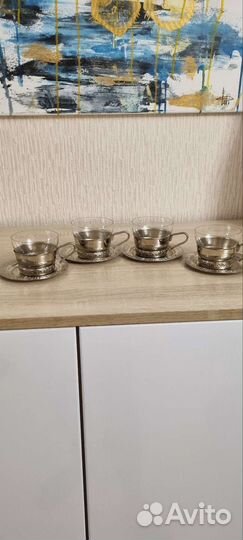 Чайный мельхиоровый набор СССР с блюдцами