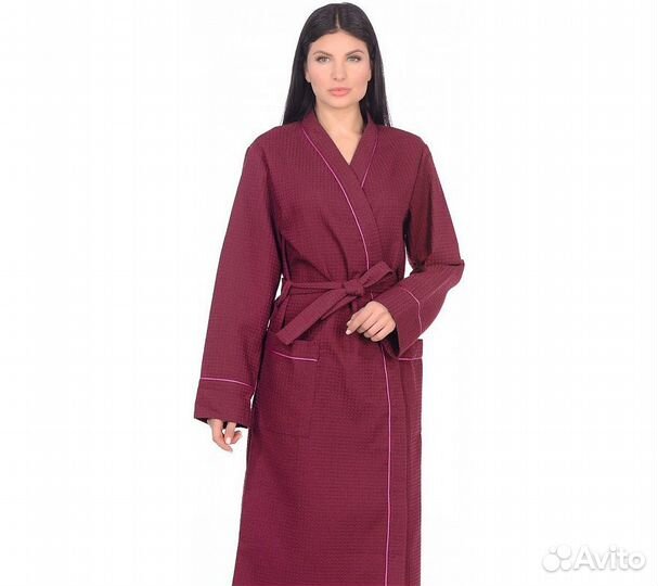 Халат вафельный Home One с кантом бордо 58