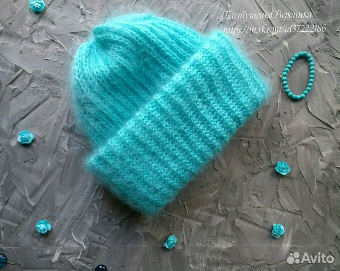 Весення Бирюзовая вязаная шапочка из мохера