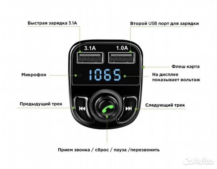 FM модулятор/Bluetooth/быстрая зарядка/трансмиттер