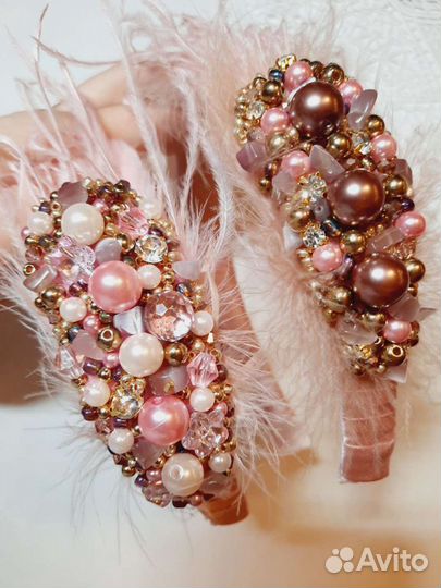 Ободки с перьями,жемчугом, перламутром и кристалл