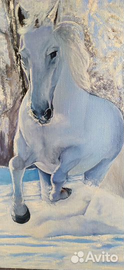 Картина маслом. Зимний пейзаж. Конь. Лошадь