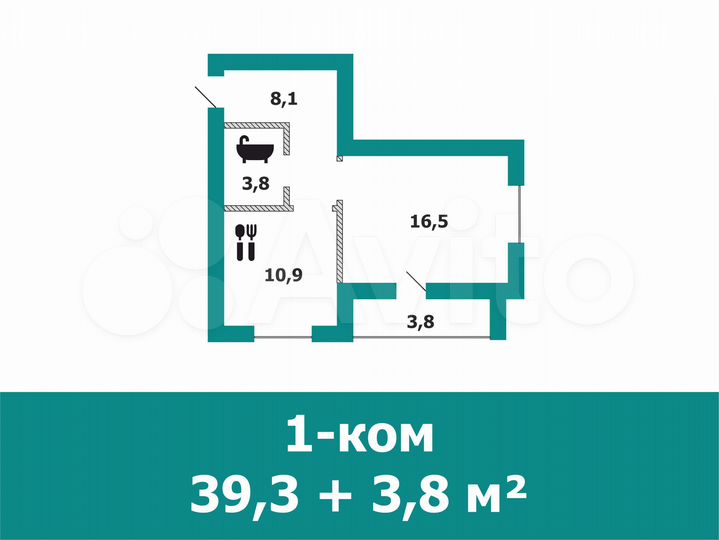 1-к. квартира, 39,3 м², 1/4 эт.