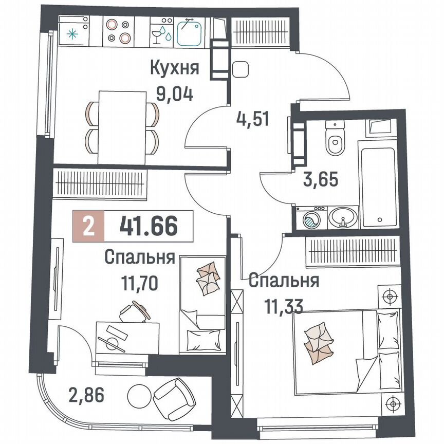 2-к. квартира, 41,7 м², 16/18 эт.