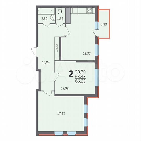 2-к. квартира, 63,4 м², 11/17 эт.