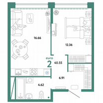 2-к. квартира, 40,6 м², 13/16 эт.