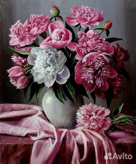 Картина по номерам 40x50 Нежно-белая ваза с букето