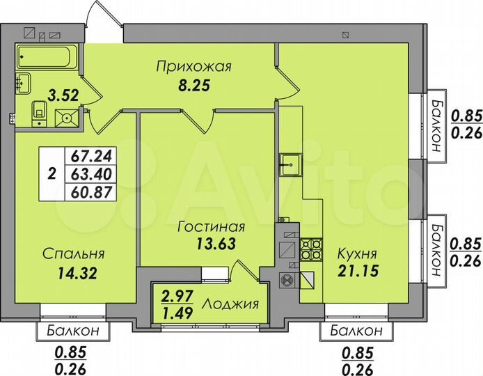 2-к. квартира, 67,2 м², 8/8 эт.