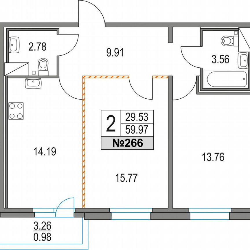 2-к. квартира, 60 м², 4/21 эт.