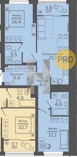 2-к. квартира, 68,3 м², 3/25 эт.