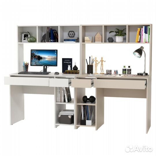 Два рабочих компьютерных стола Mobi Комфорт 12.77F цвет белый шагрень/сатин