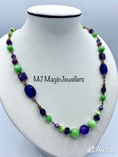 Бусы с нат камнями Аметист Кошачий глаз Агат Кварц