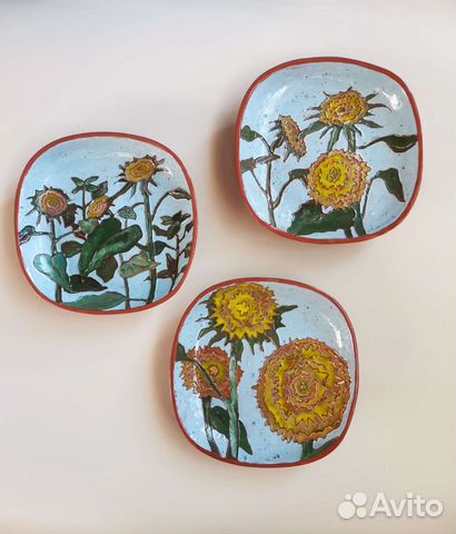 Настенные тарелки авторская керамика Подсолнухи