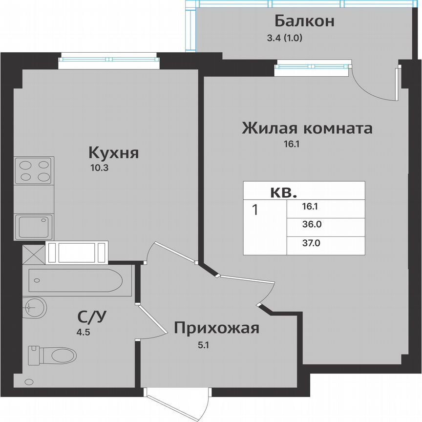 1-к. квартира, 39,4 м², 1/10 эт.