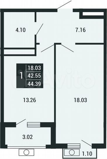 1-к. квартира, 44,4 м², 4/4 эт.